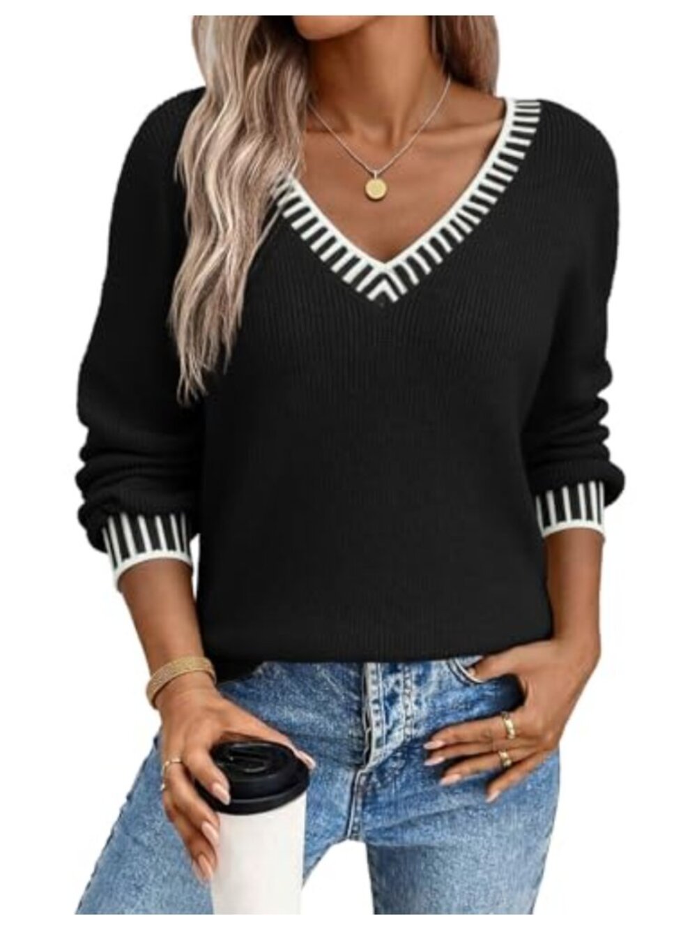 Womens V Neck Long Sleeve Contrast Knit Pullover Sweater Loose Fit